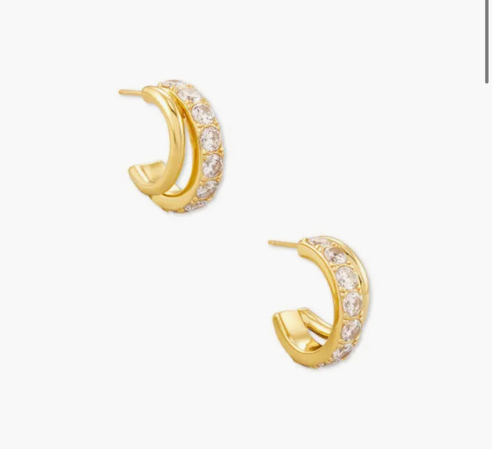 Livy Gold Huggie Earrings in White Crystal